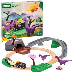 BRIO Spielzeugeisenbahn World Dinosaurier Abenteuer-Set, aus Holz, mit Lok, Höhle und 3 Dinosaurier, 21 Teile