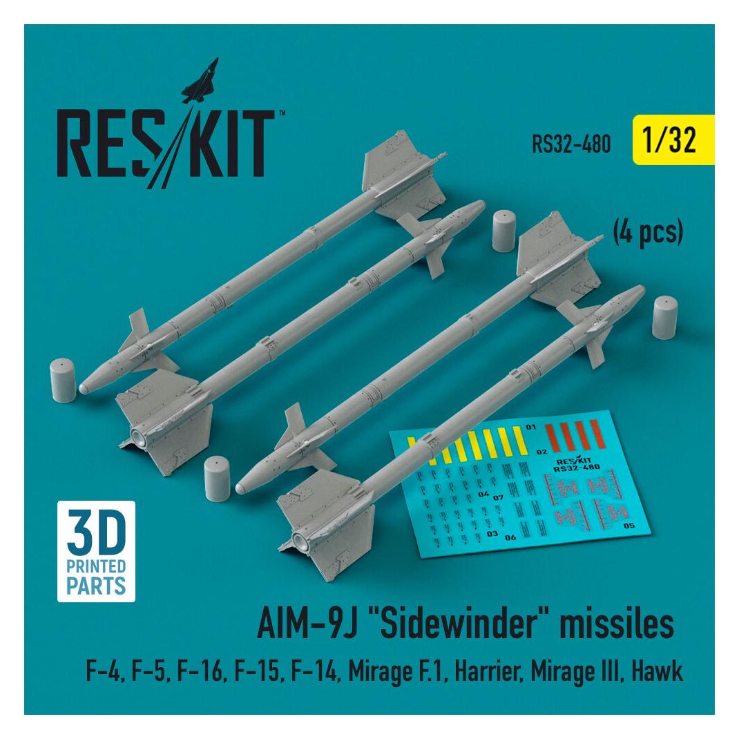 ResKit AIM-9J Sidewinder missiles (4 pcs) (F-4, F-5, F-16, F-15, F-14, Mirage F.1, Harrier, Mirage III, Haw (RS32-0480)