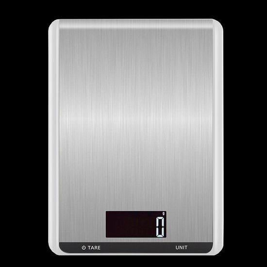 Digitale keukenweegschaal met roestvrijstalen platte kom, 10 kg, zilver