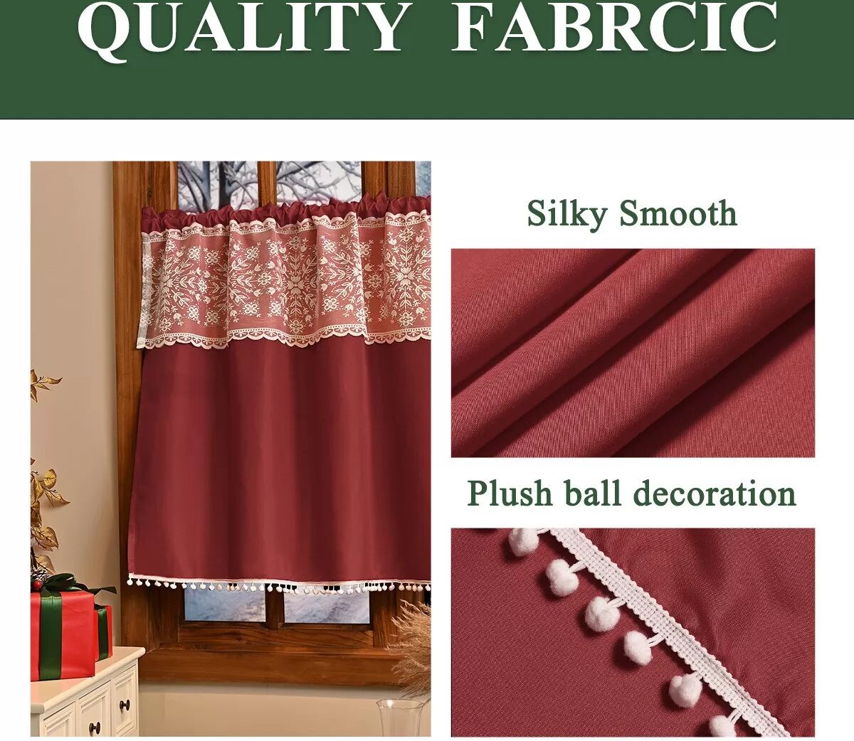 INF Rideau de Noël : Rideau de fenêtre semi-transparent à motif de flocon de neige avec bordure à pompons L