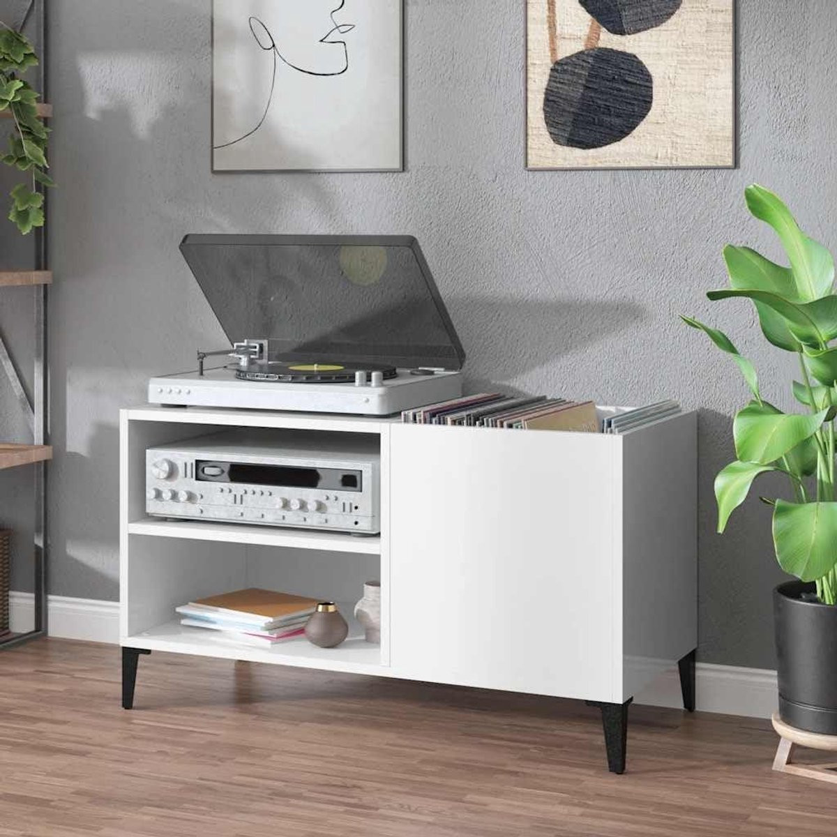 Wit Muziekmeubel Plaatkast voor LP Opslag met Hoogglans Afwerking - Breedte: 84,5 cm