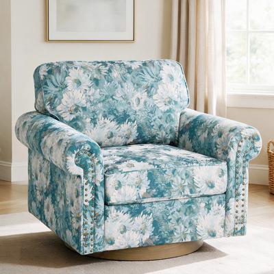 Uixe Classic Linen 360-Degree Swivel Armchair with Nailhead Trim