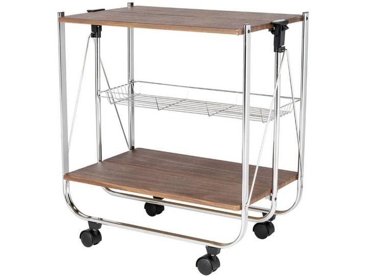 WENKO Servierwagen Modell Dinett Deluxe, Küchenwagen mit 2 Ablagen und Korb, 4 Rollen, zusammenklappbar