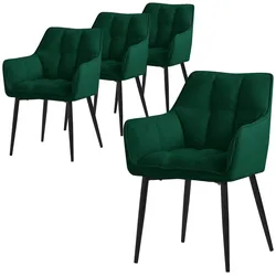 ML-Design – Esszimmerstühle 4er Set – Dunkelgrün Frottee | Arm- & Rückenlehnen, dicker Polstersitz