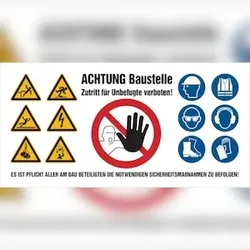 Baustellenbanner aus Gewebeplane, PVC - Symbole gem. ISO 7010 - 1500 x 750 mm PVC-Gewebeplane