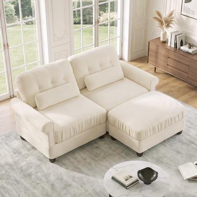 "GDFStudio - Chenille 69.2"" 2-Seater Loveseat Sectional Sofa with Ottoman, Ruffled Edge & Lumbar Pillows"