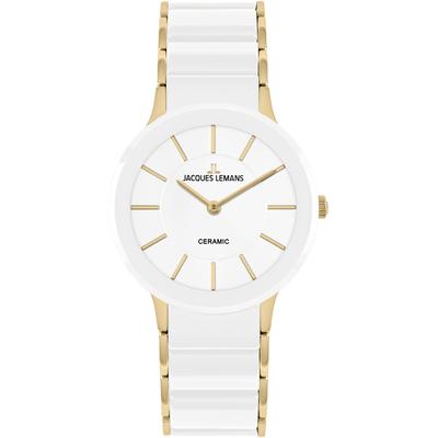 Keramikuhr JACQUES LEMANS "Dublin", weiß (weiß, goldfarben, weiß), Armbanduhren, Damen, goldfarben, Armbanduhr, Damenuhr, Keramik, Mineralglas mit Saphirbeschichtung