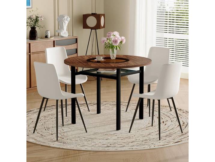 Table ronde - Moderne - 100 cm - Rangement intégré - 4 fauteuils cuir PU blanc