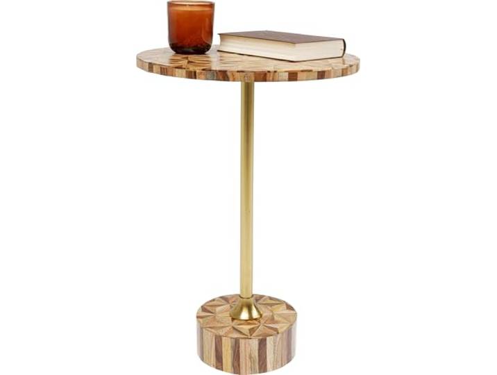 Kare Design Beistelltisch Domero Geo, Gold/Braun, Durchmesser 40 cm, Handgearbeitet, Couchtisch, Rund, Stahlgestell, Intarsien-Muster, Modern, Wohnzimmer