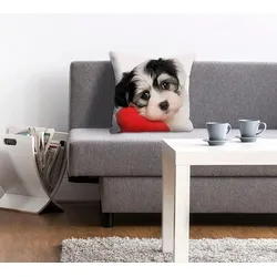 Dekokissen QUEENCE "Vanessa", weiß (weiß, bedruckt), B:40cm L:40cm, Polyester, Dekokissen_Sitzkissen_Kissenhüllen, Kissenhülle,süßer kleiner Hund,Niedlich,Tiermotiv,Charmant,Freundlich