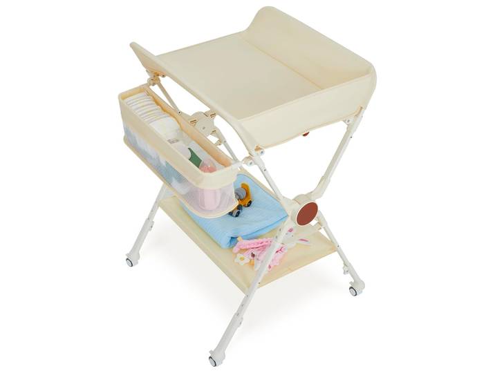 Table à langer bébé avec roulettes, hauteur réglable, pliable, avec organiseur pour nouveau-nés et tout-petits