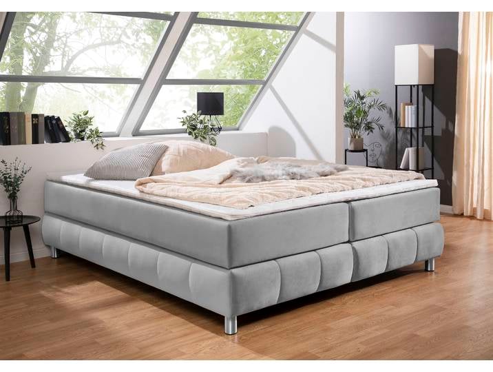 Boxspringbett, Samtoptik, Hellgrau, 186×226 cm, Ohne Kopfteil, Modern, andas