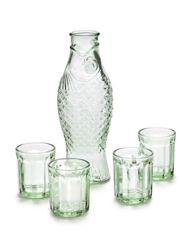 Serax Fish & Fish cadeauset van geperst glas met 1 groene karaf en 4 glazen, design door Paola Navone