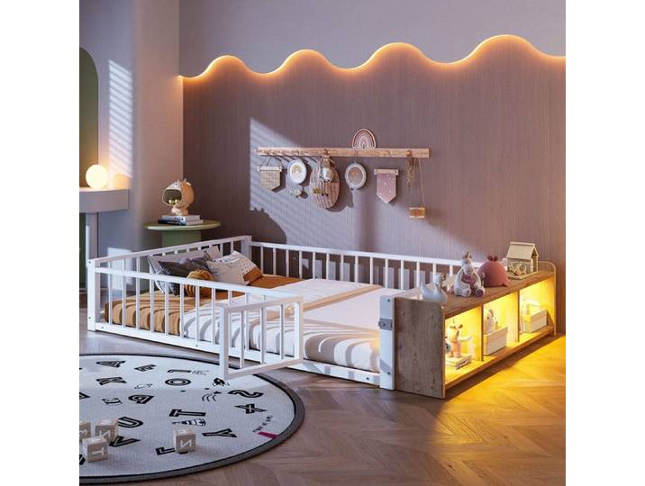 Lit enfant 140x200 cm lit plat en métal cadre de lit en métal lit en fer avec barrière sans matelas casiers éclairage LED blanc