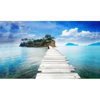Fototapete PAPERMOON "HOLZ-BRÜCKE-AGIOS SOSTIS INSEL PIER STEG MEER SEE WALD", bunt, B:3m L:2,23m, Vlies, Tapeten