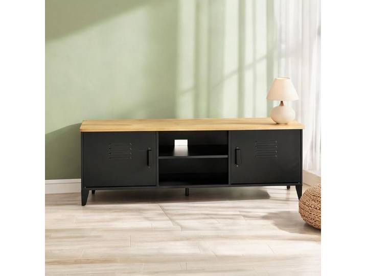 Meuble TV 150 cm noir cadre métal et bois 2 placards et rangements ouverts pour téléviseur 55 pouces