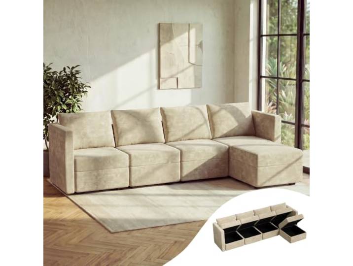 JUMMICO Modulares Sofa L-Form Ecksofa 280 cm breit Sofa mit Stauraum,Links Chaiselongue,Velours‑Stoff für Sofa,Wohnzimmer Couch,Flauschige Cloud‑Polster,Beige