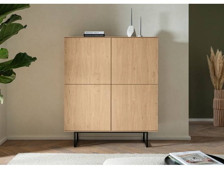 Highboard HOME AFFAIRE Lund, moderner Schrank, Kommode mit Kufengestell , beige (stone oak), B:115cm H:137cm T:40cm, Holzwerkstoff, Sideboards, Highboard, optisch dünner Oberboden, hochwertige Optik, ausreichend Stauraum