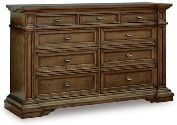 Benjara Lesa Wide Dresser, 9 Drawers with Antique Brass Oval Knobs, Brown