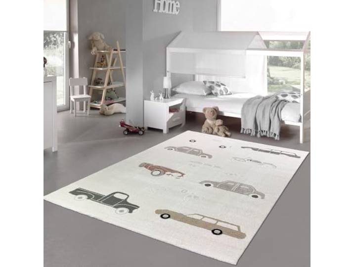 Teppich-Traum Kinderteppich Automotiv Creme Beige 240x340 cm Autos, Laster und Motorräder, weicher Flor, pflegeleicht, robust, langlebig, schadstofffrei, Kinderzimmer, 14 mm Florhöhe