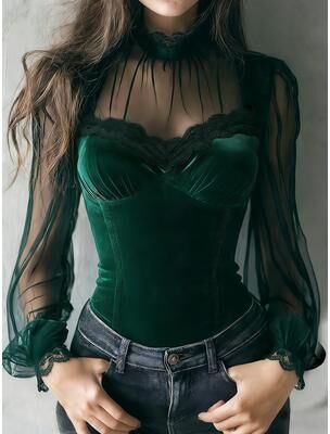 Daily Deals Depot Elegant Lace Bell Sleeve Tie Waist Blouse For Women darkgreen m
