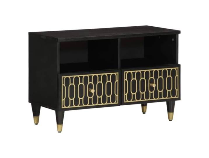 hliofuir TV-Schrank 70x33x46 cm Massivholz Mango Lowboard Fernsehtisch Kompaktes Medienmöbel mit Stauraum und Eisenbeinen für Wohnzimmer oder Schlafzimmer. Handgeschnitztes Retro Muster.
