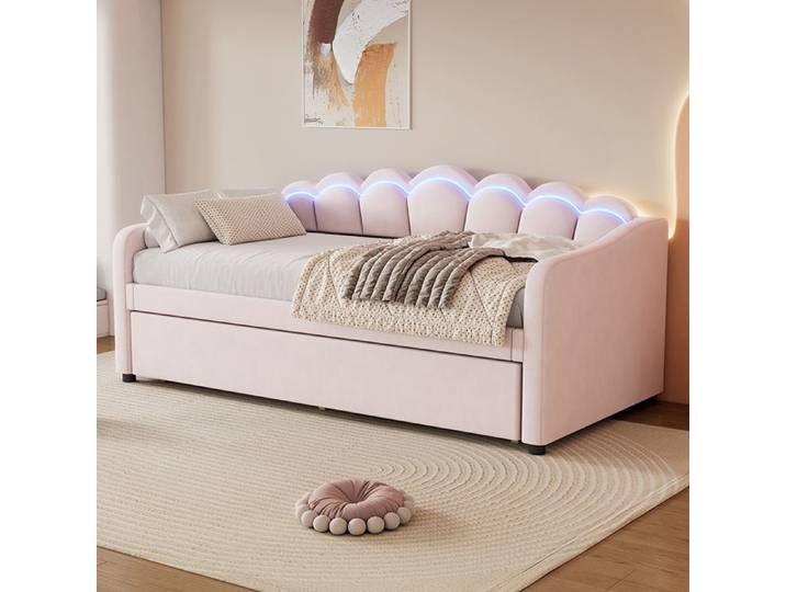 Lit Gigogne - SWEIKO - 90x200 cm - Velours - LED - Rose