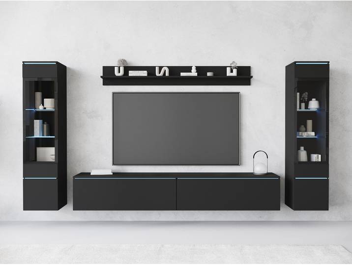 Wohnwand HOME AFFAIRE VERA II , schwarz (graphit schwarz matt), B:260cm H:130cm T:33cm, Kastenmöbel-Sets, Wohnwand, Mediawand 260 cm, Vitrine mit Verglasung, stehend und hängend