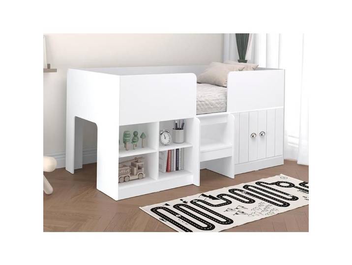 Lit mi-hauteur 90 x 190 cm avec rangements - Coloris : Blanc - BOUTANIO