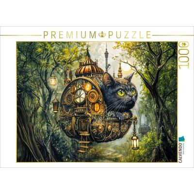 CALVENDO Puzzle Schwarze Katze im schwebenden Steampunk Haus Fantasy | 1000 Teile Lege-Größe 64x48cm Foto-Puzzle für glückliche Stunden
