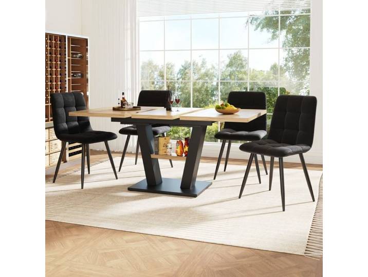 Table Repas 5 Pieces Noir Naturel Ensemble Extensible FloraGrace Pour Cuisine Salon Jusqu A 8 Personnes 118-157x70x75cm