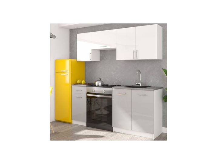 Cuisine Lecco 180 meubles bas gris brillant meubles hauts blanc brillant sans plan de travail