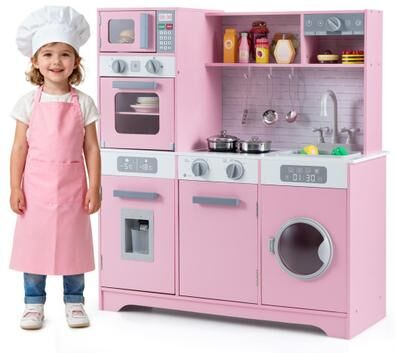 Costway Pretend Play Kitchen Wooden Toy Set Kitchen Accessory Playset with Real Lights Sounds-Pink