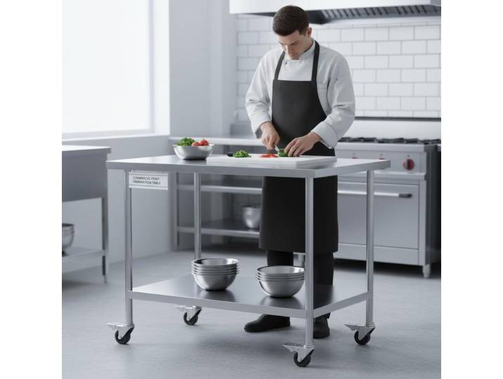 Table de travail en acier inoxydable, table de préparation avec 4 roues, 3 niveaux de hauteur réglables, table de préparation alimentaire pour cuisines commerciales et restaurants, argent