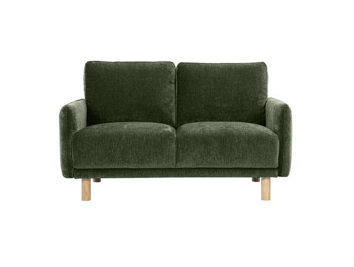 Canapé design 2 places en tissu effet velours vert kaki et bois clair BONO