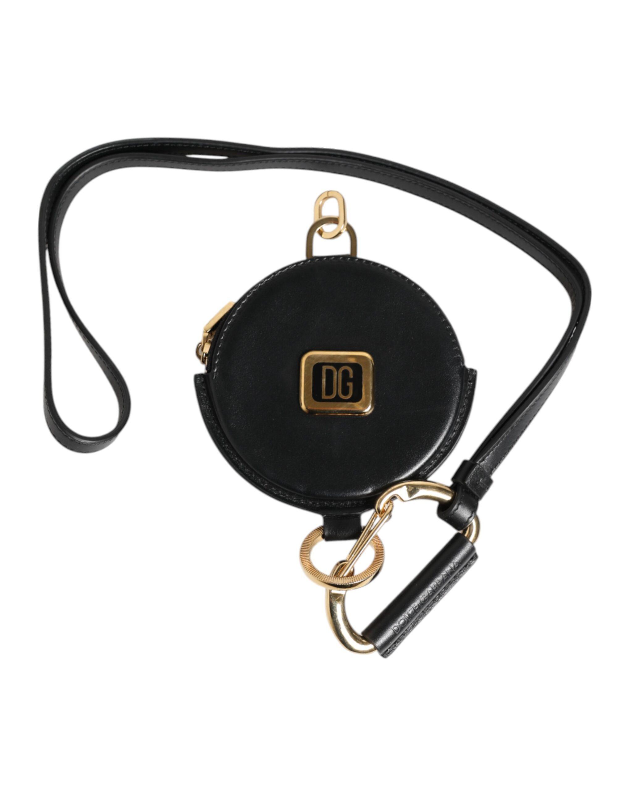 Zwarte Ronde Leren DG Logo Munt Portemonnee Lanyard Wallet