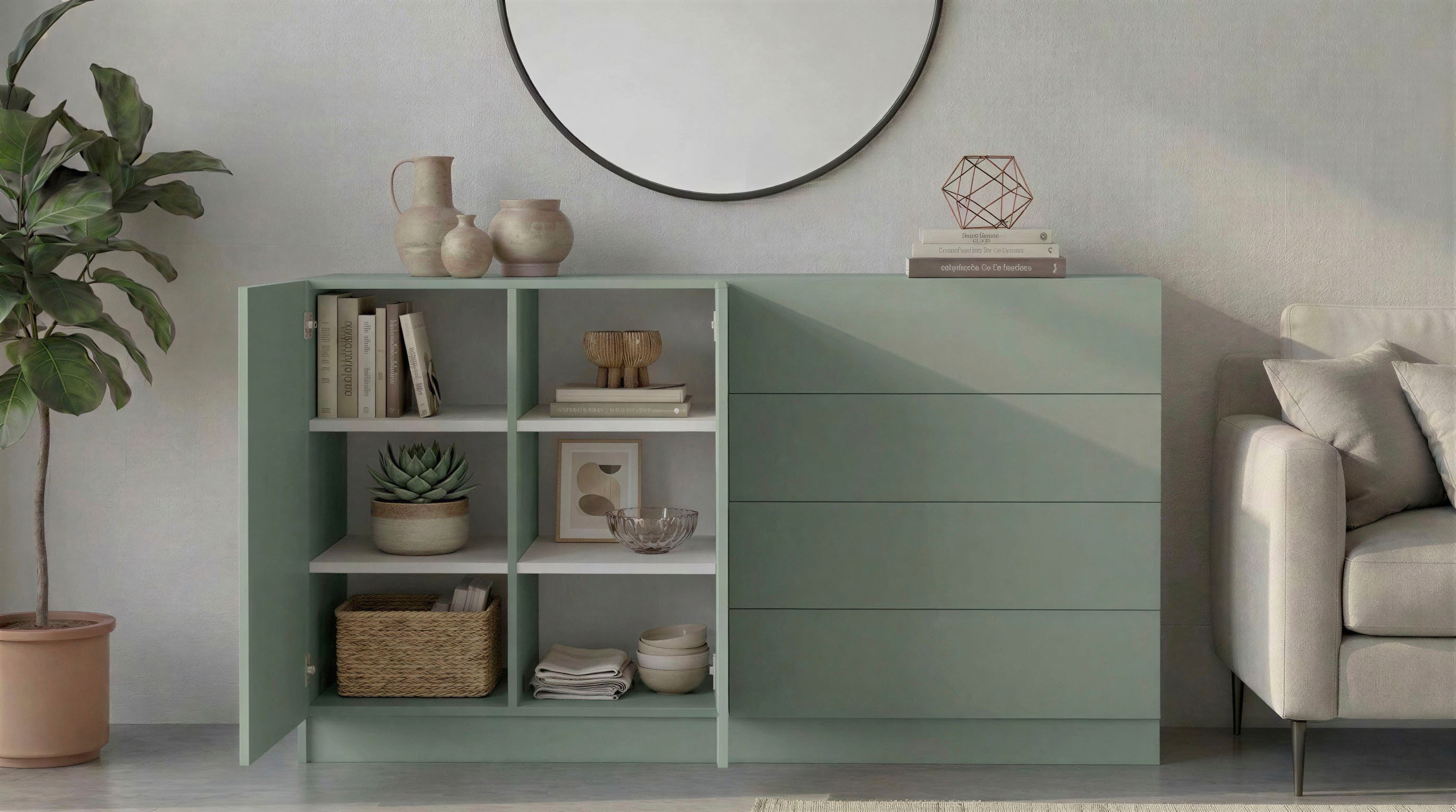 Kommode BORCHARDT MÖBEL "Vaasa, Breite 152cm, Höhe 79cm, grifflos", grün (salbei), B:152cm H:79cm T:35cm, Sideboards, Kommode, Modernes Sideboard mit 2 Türen und 4 Schubfächern salbei B/H/T: 152cm x 79cm x 35cm