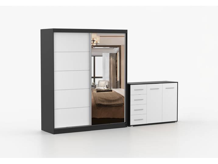 Schwebetürenschrank und Kommode 2-er Set BELLA 03/FRIDA 01 Schwarz Weiß + Spiegel