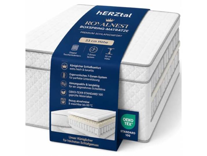 hERZtal RoyalNest Boxspringmatratze 33 cm – Premium Doppel Taschenfederkern Matratze mit 7 Zonen – Ergonomische Federkernmatratze, Boxspringfeeling – Oeko-TEX Zertifiziert & atmungsaktiv (90x200)
