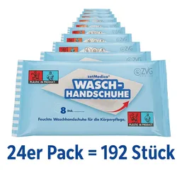 ZVG zetMedica Feuchte Waschhandschuhe, 24er PACK , Parfümfrei, pH-neutral, 192 Stück, Einzeln Verpackt, Gebrauchsfertig (normal, 24er Pack)