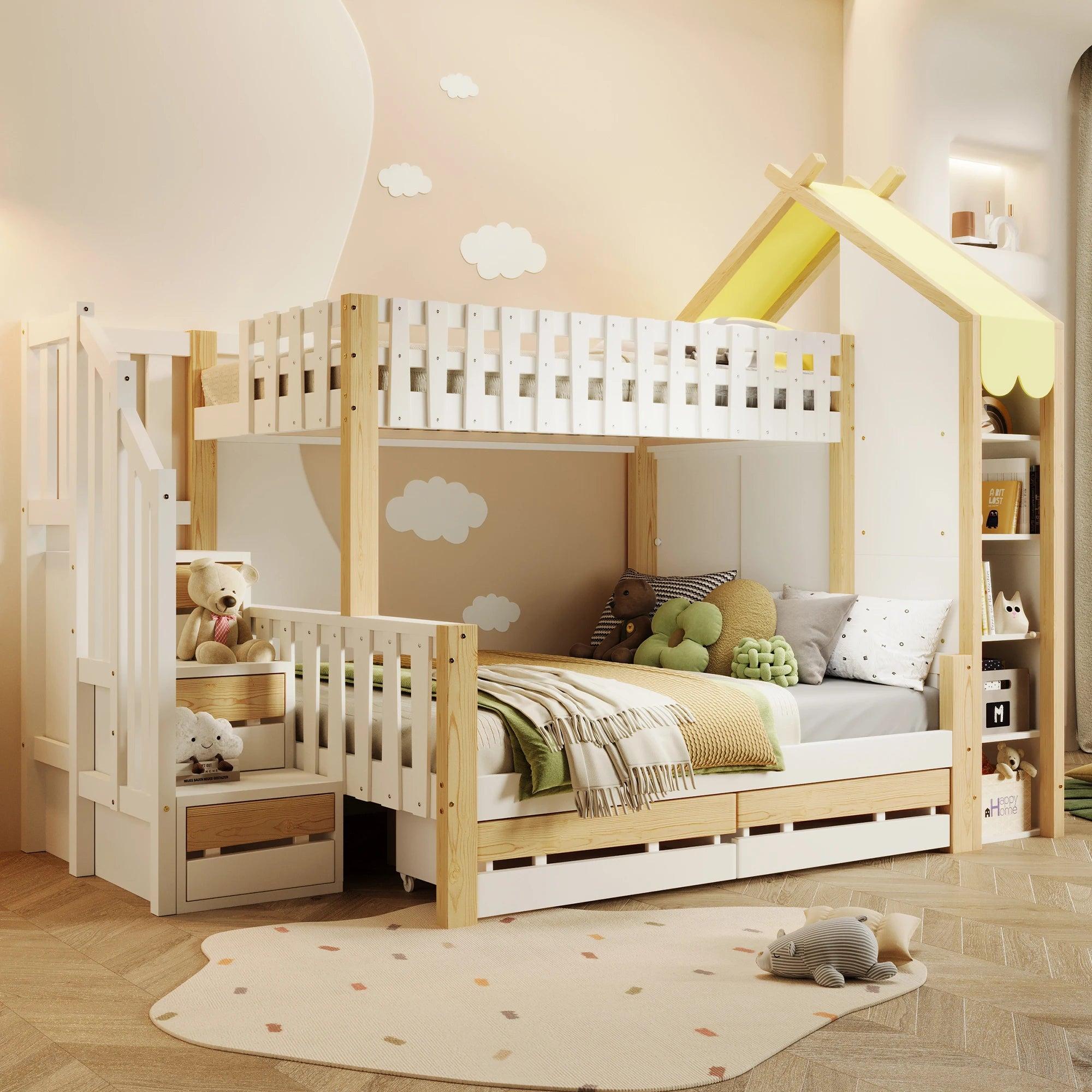 Etagenbett - Stockbett - Kinderbett - Schlafkoje - Bett auf dem Dachboden - Doppelbett 90x200 cm & 140x200 cm