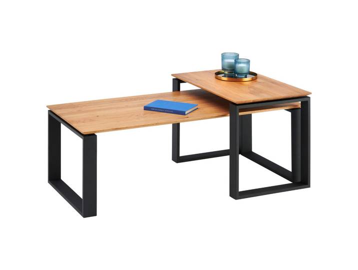 Hom`in Couchtischset, Schwarz, Eiche, Holz, Metall, 2-teilig, Eiche, massiv, rechteckig, eckig, U-Form, 40x40-50x65-110 cm, Wohnzimmer, Wohnzimmertische, Couchtische, Couchtische Metall