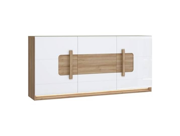 Forte Attention Sideboard 200, modernes Sideboard mit originellem Griffdesign, 3-türig, Innenschubfach, Holzwerkstoff, Riviera Eiche Holzdekor/Weiß Glanz, 194,6 cm breit x 91,6 cm hoch x 41,5 cm tief