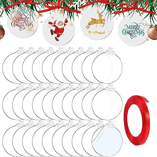 TSKDKIT 30 stuks Transparante Acryl Kerstballen met Lint, Ronde Kerstversieringen voor Decoratie, Diameter: 7,6 cm