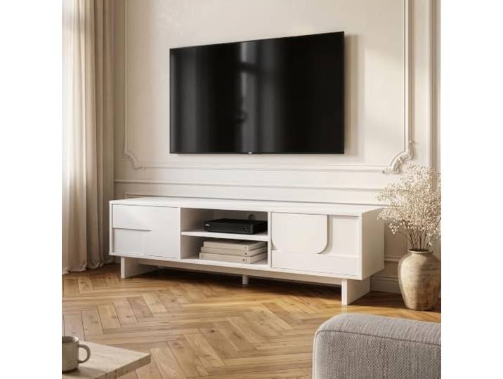 [en.casa] TV Schrank Katanshumn mit 2 Türen 150x39x45 cm Weiß TV Lowboard, Sideboard Wohnzimmer, Fernsehschrank, Fernsehtisch, Lowboard stehend, 2 offene Fächer, TV Board, TV Tisch