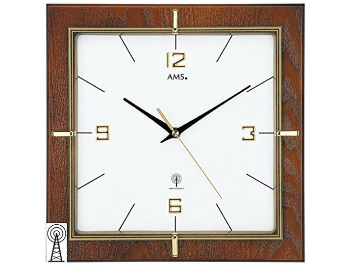 AMS 5834 Wanduhr Eckig Nussbaum Lackiert mit Funkwerk Weißes Zifferblatt Goldfarbene Zeiger