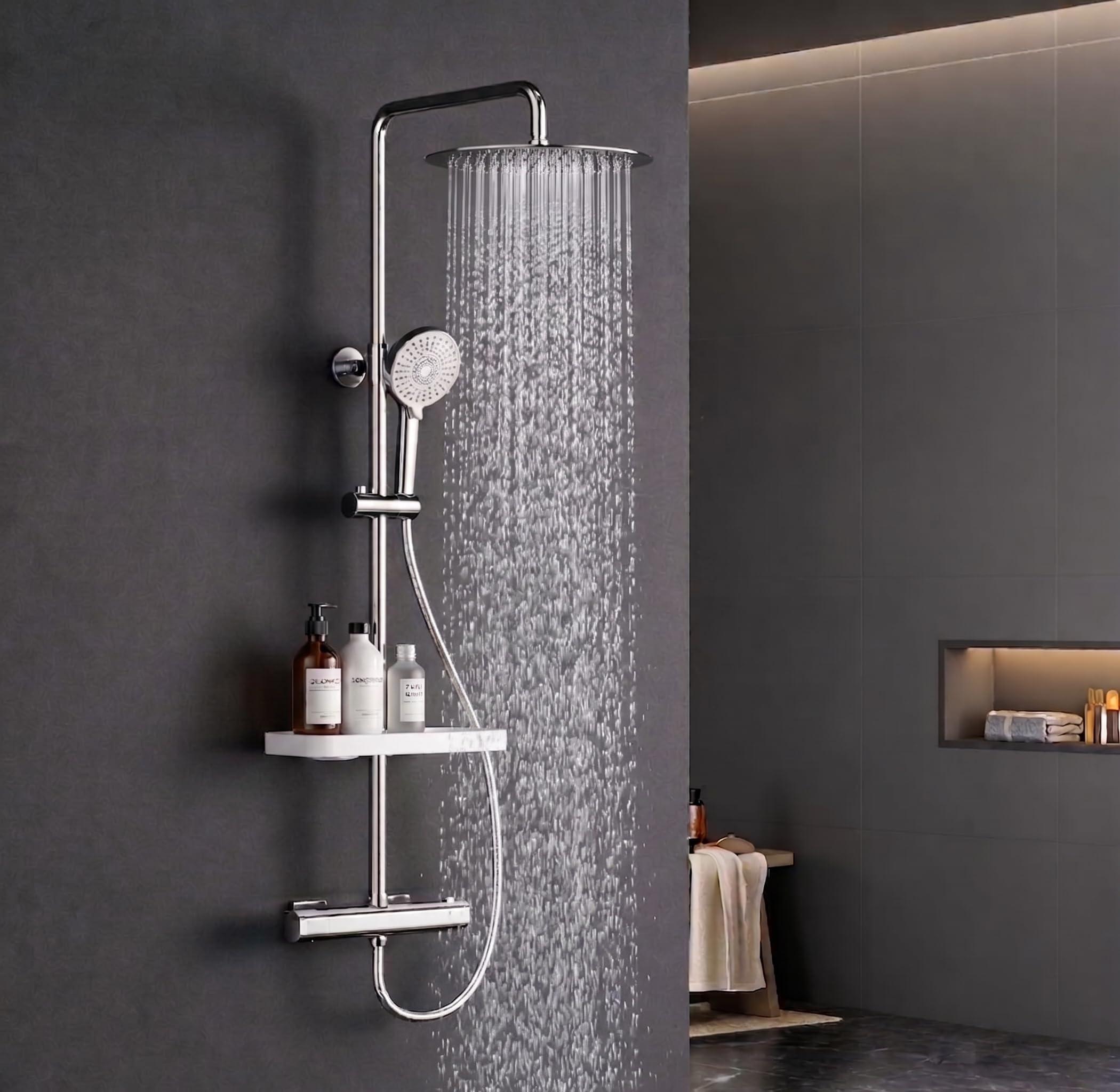 Duschsystem mit Thermostat, 30 cm Regendouche, Edelstahl, 3 Strahlarten