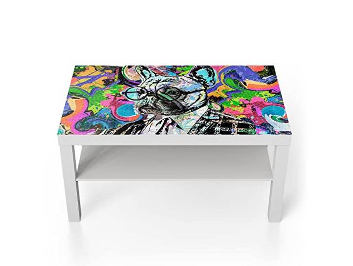 DEQORI Glastisch weiß groß 90x50 cm Motiv Hund als Anzugträger ausgefallener Beistelltisch aus Glas Hochglanz Couchtisch fürs Wohnzimmer moderner Couch Tisch mit Design