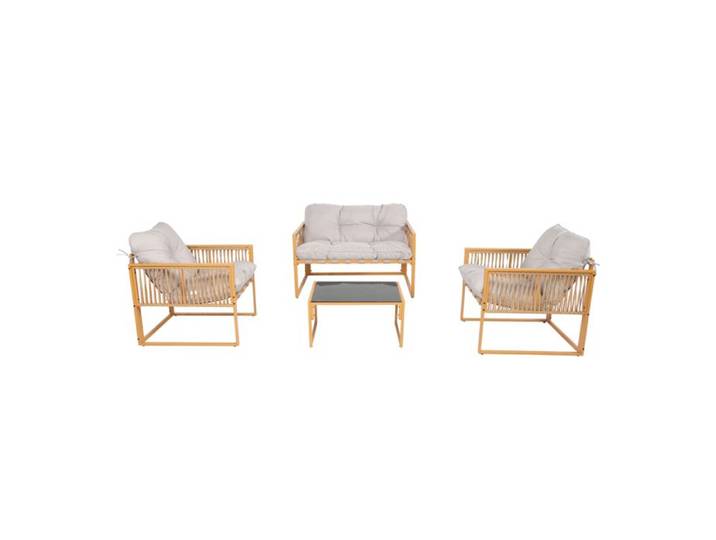 TURINI - Salon de jardin 4 places effet rotin coussins gris clair