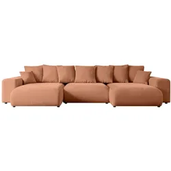 WOHNLANDSCHAFT mit Schlaffunktion ESKAR-U -364x176x72cm Koralle Velours